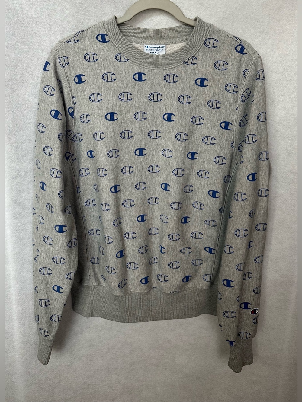Champion Reverse Weave Grey Crewneck with Blue Logo Pattern Sweatshirt